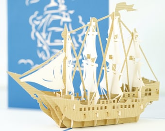 Birthday Card 3D Pop-Up Card Handcrafted Nautical Mast Galleon Sailing Ship.