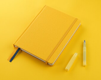 A5 (ish) Hardback Notebook Lined or Dotted Paper, Contents Page and Numbered Pages, Back Pocket, Bujo / Diary, Personalise, Mustard Yellow