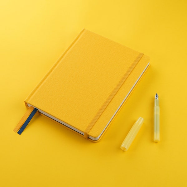A5 (ish) Hardback Notebook Lined or Dotted Paper, Contents Page and Numbered Pages, Back Pocket, Bujo / Diary, Personalise, Mustard Yellow