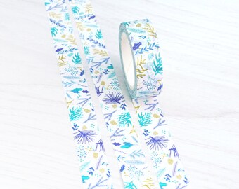 Washi Tape | Blue Leaf Floral Pattern | Masking Tape, Crafting Decorative Tape, Scrapbook Tape, Planner Supplies, Paper Tape