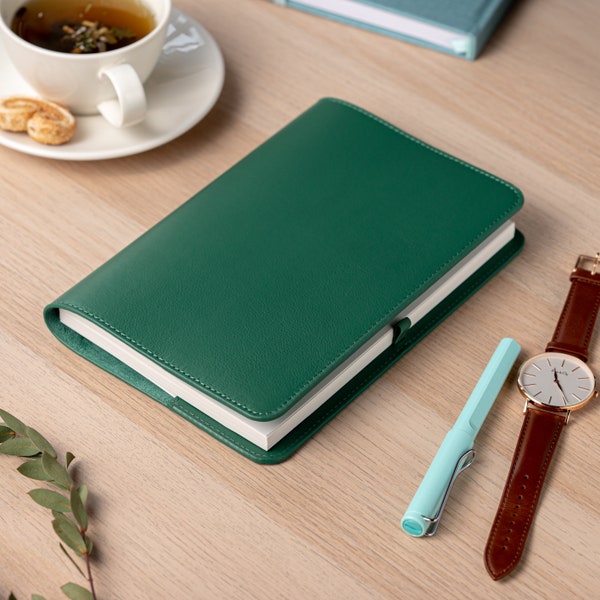 Refillable A5 (ish) Leather Notebook Cover with Pen Loop, Green, Real Leather, Personalised