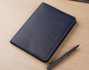 Leather Notebook Cover Refillable with Pen Loop, Real Leather, Size Small (A5 ish), with Gift Box, Navy Blue
