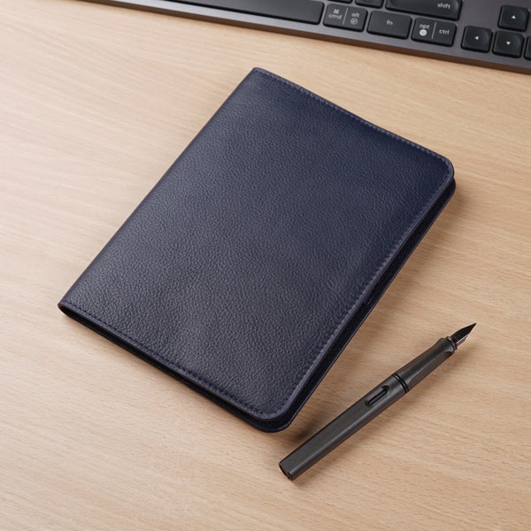 Leather Notebook Cover Refillable with Pen Loop, Real Leather, Size Small (A5 ish), with Gift Box, Navy Blue