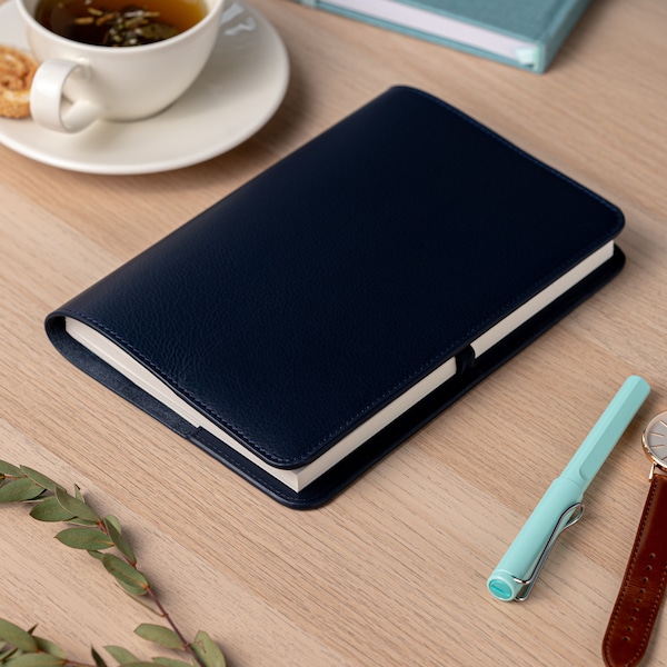 Refillable A5 (ish) Leather Notebook Cover with Pen Loop, Navy Blue, Real Leather, Personalised