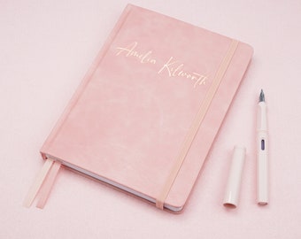 A5 (ish) Hardback Notebook Lined or Dotted Paper, Contents Page and Numbered Pages, Back Pocket, Bujo / Diary, Personalise, Pink