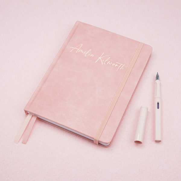 A5 (ish) Hardback Notebook Lined or Dotted Paper, Contents Page and Numbered Pages, Back Pocket, Bujo / Diary, Personalise, Pink