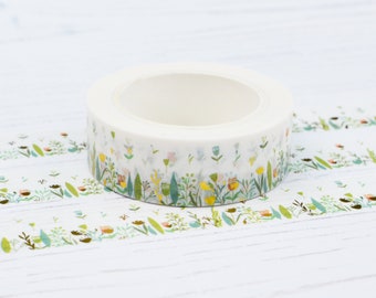 Washi Tape | Gold Foil Flower Field, Spring Meadow | Masking Tape, Crafting Decorative Tape, Scrapbook Tape, Planner Supplies, Paper Tape