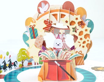 Zirkus Fun 3D Pop Up Karte | Geburtstagskarte-Häschen-Kaninchen-Karneval Fete leere Grußkarte