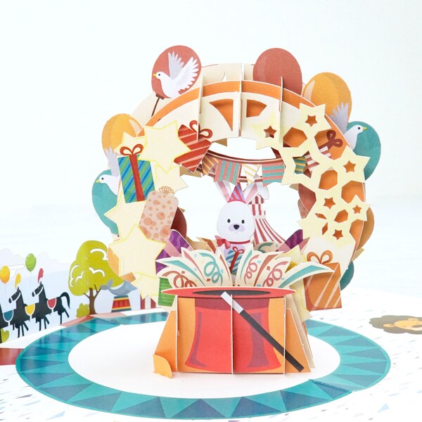 Carte pop-up 3D Circus Fun | Carte d'anniversaire lapin lapin fête de carnaval carte de voeux vierge