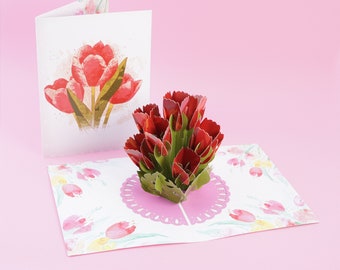 Muttertag Rote Tulpen 3D Pop Up Karte Blumenstrauß | Jahrestag, Freundschaft, Dankeskarte | Roter Blumenstrauß