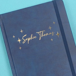 Personalisation Stars A5 (ish) Notebook Navy, Lined or Dotted Paper, Contents Page and Numbered Pages, Hardback Journal, Personalised Cosmos