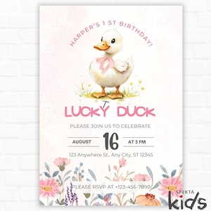 Lucky Duck Birthday Invitation, Editable First Birthday Invite, Cute Duck Theme Decor, Digital Download Template