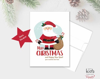 Printable Christmas Santa Greeting Card, cute printable christmas card, Cute Santa Clause, Candy,Snow