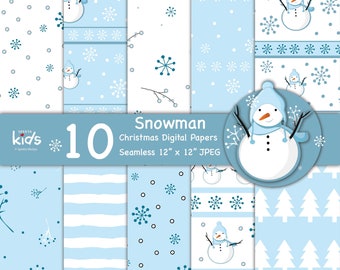 Blue Christmas Digital Paper Pack Seamless Hand Drawn Snowman Pattern Digital Scrapbook Paper Collection