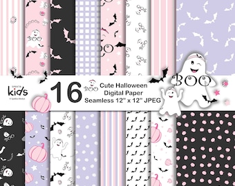 Halloween Pink Digital Paper Pack , Seamless Digital Scrapbook with Spiders, Bats, Ghosts