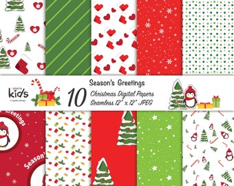 Christmas Digital Paper Pack Seamless Hand Drawn Pattern  Red Green Digital Scrapbook Paper Collection Digital Scrapbook Paper Christmas