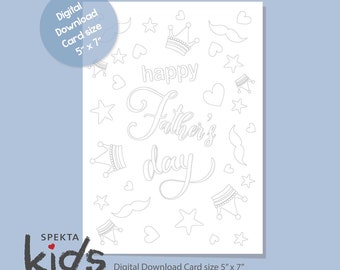 Op de afbeelding: Een zwart-witte printbare kleurplaat met een vaderdagkaart met de tekst "happy Father's day" omringd door kronen, sterren, harten en snorren. De kaart is 5 inch bij 7 inch.