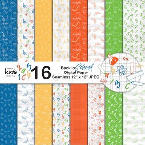 Back to School Digital Paper for creative projects for students, Seamless pattern with paper clip, numbers, alphabet and shapes.