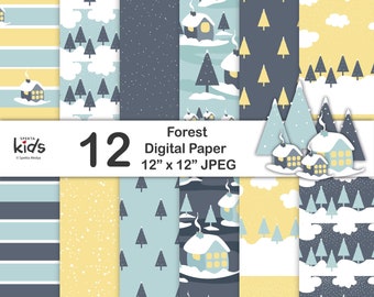Forest Winter Digital Paper Pack Seamless Hand Drawn Pattern Digital Scrapbook Paper Collection