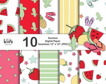 Cute Summer Digital Paper, Digital Paper Pack with Lemon, Watermelon, Strawberries