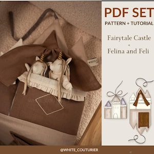 May include: PDF pattern and tutorial set for a fairytale castle and two unicorn dolls. The castle is white with purple accents and the unicorns are white with gold horns. The image also includes a brown fabric castle with the unicorns inside.