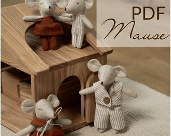 Linen stuffed soft toys family of mice , Mouse PDF, Toy Sewing Pattern and Tutorial, DIY Mouse Toy