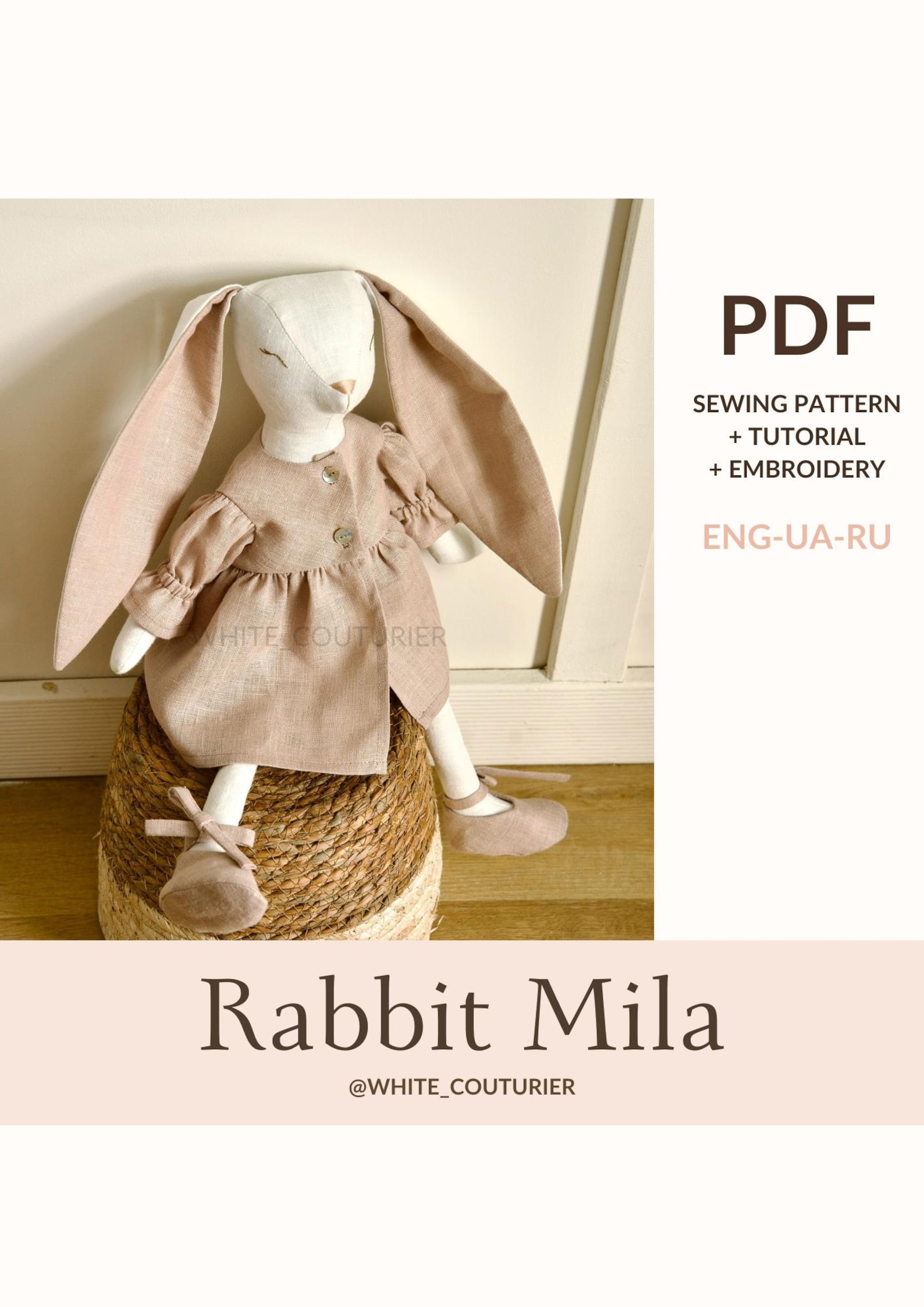 Bunny Sewing Pattern Tutorial 50cm Linen Stuffed Soft Toys, DIY Rabbit ...