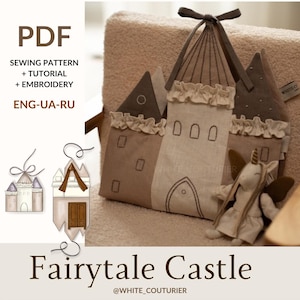 Patrón de costura de casa de muñecas suave, tutorial en PDF, castillo de cuento de hadas de lino, casa para unicornios, casa de muñecas portátil, casa de muñecas de tela, mini casa de muñecas