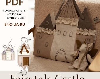 Halloween Soft Dollhouse Sewing Pattern PDF tutorial, Linen Fairytail Castle, portable dollhouse, fabric dollhouse,mini doll house