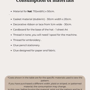 Puede incluir: Una lista de los materiales necesarios para hacer un sombrero, incluidas las medidas de cada material. La lista incluye material para el sombrero, material de la junta, cinta o encaje decorativo, cart&oacute;n, hilo, pegamento y pegamento dise&ntilde;ado para papel y tela. El texto tambi&eacute;n incluye una nota sobre el consumo de materiales cuando se utilizan diferentes anchos o patrones.