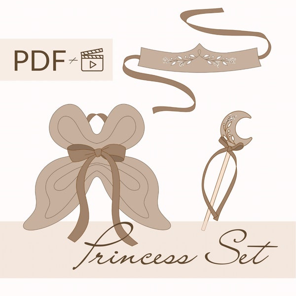 Princess Set Fairy Wings + Crown + Magic Wand + embroidery pattern, PDF sewing pattern and tutorial, baby accessories, butterfly wings