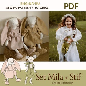May include: A sewing pattern and tutorial for making a bunny and mouse doll set. The pattern is called "Set Mila + Stif" and is available in English, Ukrainian, and Russian. The pattern is available as a PDF download.