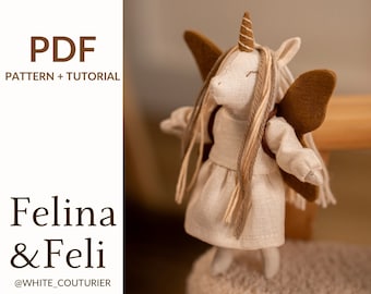 Familia de peluches de lino: Unicornio Felina y Feli, juguete de unicornio para hacer tú mismo, patrón de costura en PDF, patrón y tutorial.