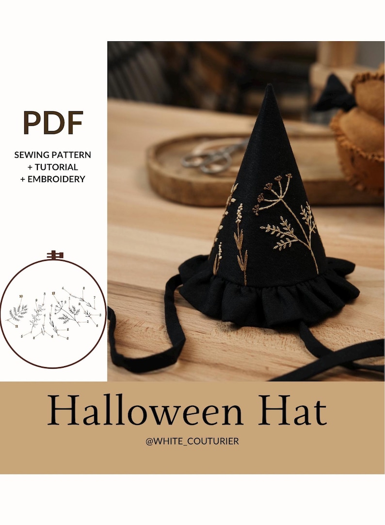 Puede incluir: Un sombrero de bruja negro con un dise&ntilde;o floral bordado en oro. El sombrero tiene un borde con volantes y una cinta negra. La imagen incluye el texto "Halloween Hat" y "@WHITE_COUTURIER".
