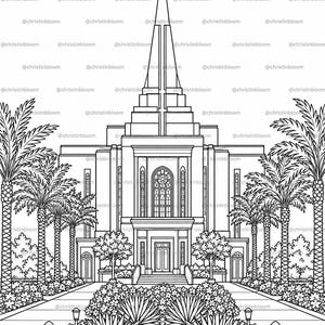 May include: A black and white line art illustration of a temple building with a tall central spire topped by a figure blowing a trumpet. The scene includes symmetrical palm trees, manicured bushes, and a walkway leading to the entrance doors.