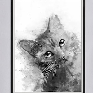 Watercolor Cat Art Print - Animal Wall Decor - Black and White - Cat Painting - Peeking Cat - Colourful Cat Poster - Cat Lover Gift Art
