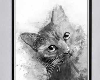 Watercolor Cat Art Print - Animal Wall Decor - Black and White - Cat Painting - Peeking Cat - Colourful Cat Poster - Cat Lover Gift Art