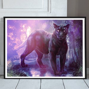 Panther Art Print - Big Cat Illustration - Black Cat - Jungle Illustration - Classical Home Decor - Purple Wall Art - Animal Wall Print