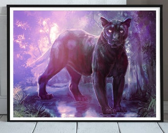 Panther Art Print - Big Cat Illustration - Black Cat - Jungle Illustration - Classical Home Decor - Purple Wall Art - Animal Wall Print