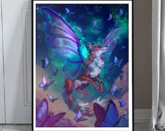 Butterfly Fox Art Print Painting - Fantasy Art for Girls Room - Magical Creature Wall Art - Flying Fairy Fox Artwork - Independet Artist