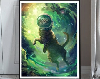 Sztuka Kosmicznych Kotów – Unikatowe Druki Artystyczne – Obraz na Prezent dla Miłośnika Kosmicznych Zwierząt – Magiczna Sztuka Ścienna – Mityczne Gwiezdne Zwierzęta – Surrealistyczna Sztuka Kotów