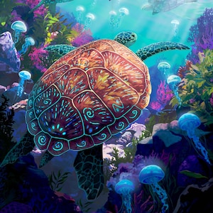 Puede incluir: Una vibrante escena submarina con tortugas marinas, medusas y corales. Las tortugas tienen caparazones detallados con patrones intrincados. La obra de arte utiliza una paleta de azules, verdes y naranjas para representar un entorno marino.