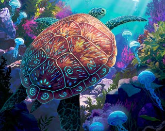May include: A vibrant underwater scene featuring sea turtles, jellyfish, and coral. The turtles have detailed shells with intricate patterns. The artwork uses a palette of blues, greens, and oranges to depict a marine environment.