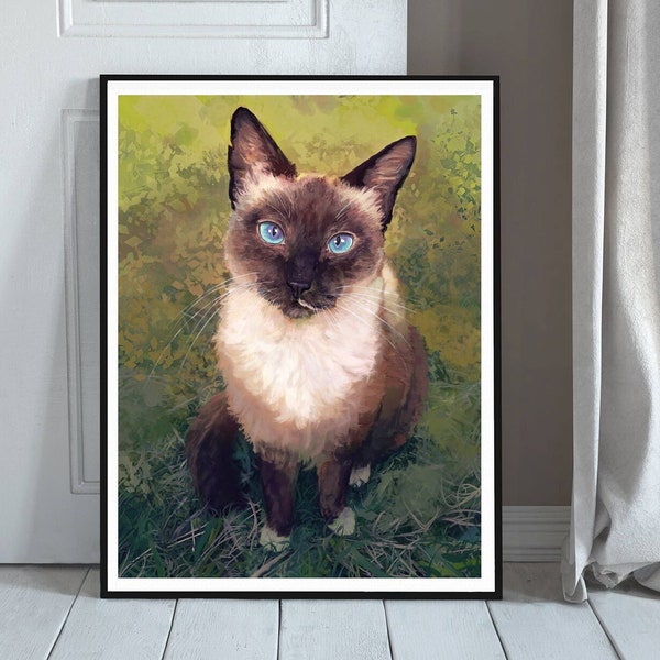 In the Grass Siamese Cat - Pet Wall Art Print - Balinese Painting Portrait - Illustration Giclee Print