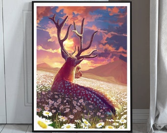 Daisy Stag Art Print - Flower Field Deer - Sunset Daisies Stag Painting Giclee Print - Wall Decor - Meadow Wildlife Nature Art Print