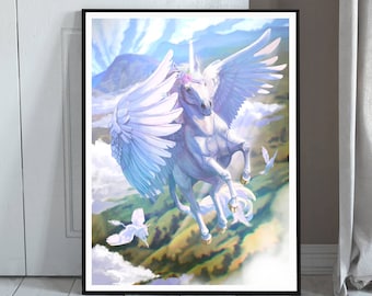 Unicorn Art - Girls Room Art - White Flying Horse Painting - Girls Bedroom - Fantasy Horse Art Print - Heavenward - Independent Artist