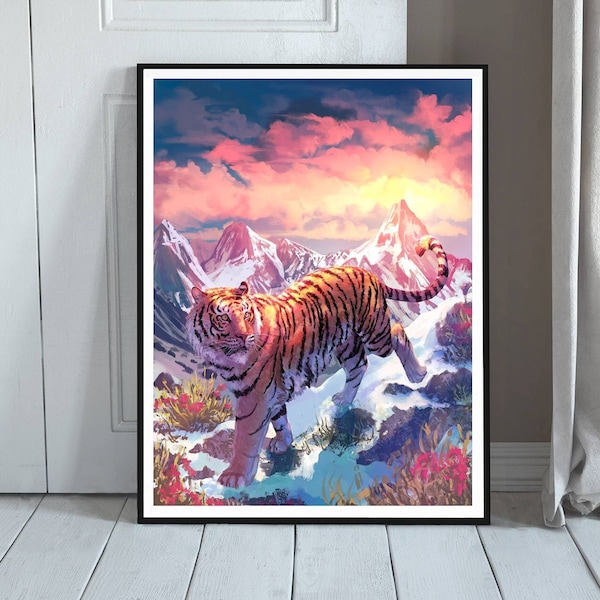 Tiger Art Print - Sunset Mountain Nature Landscape Painting - Winter's End - Animal Art for Walls - Big Cat Illustration Print