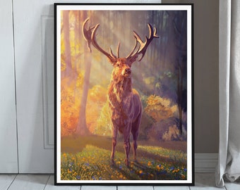 Arte de floresta de veados - Impressão artística de veados em raios de sol - Pintura de veados - Impressão artística plana de árvores e paisagens de veados