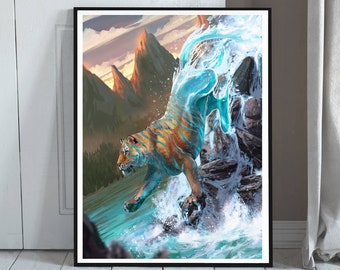 Water Tiger Print - Spiritual Art - Animal Fantasy Artwork - Chinese Zodiac - Lunar New Year Painting - Tiger Wall Art - Elemental Animals