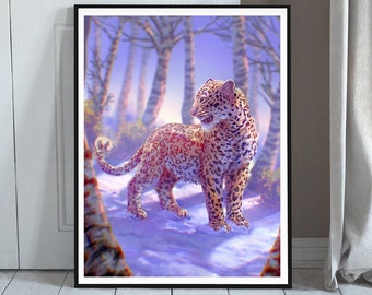 Leopard in the Snow Art Print - Amur Leopard Illustration - Big Cat Painting Print - Endangered Wildlife Art - Illustration Giclee Print
